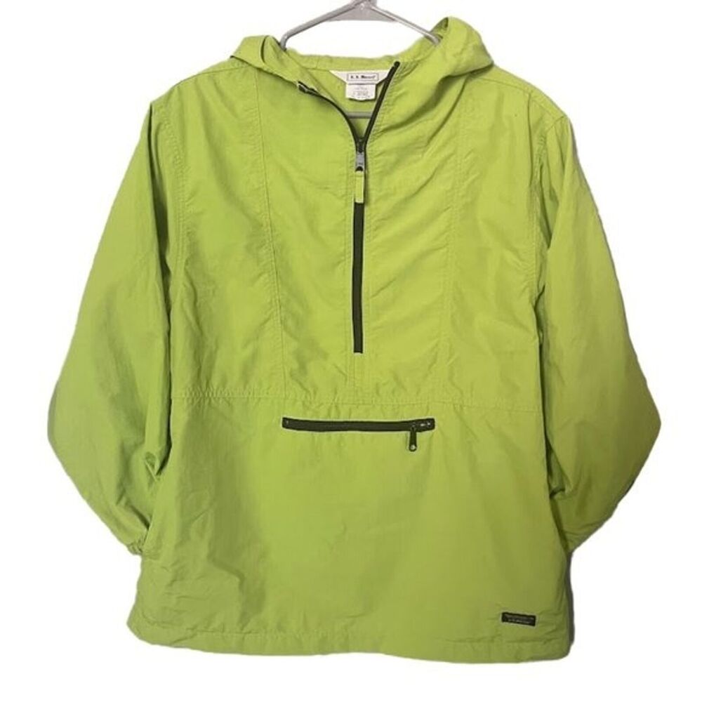 LL Bean Kids Neon Green‎ Classic Anorak Windbreaker 1/2 Zip Pull Over Size L